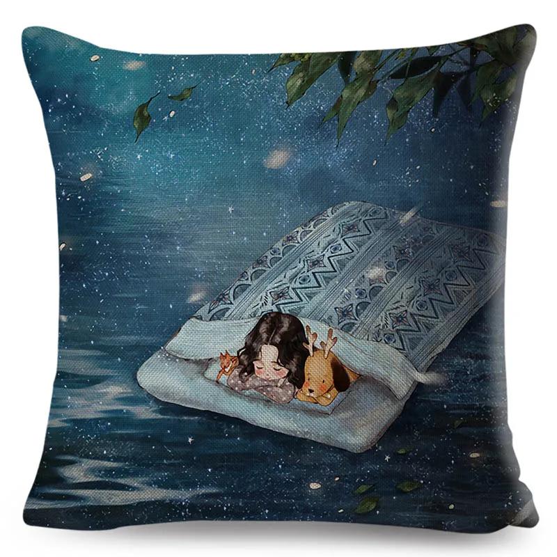 Colorful Cute Cartoon Girl and Pet Dog Fairy Tale World Pillowcase Decor for Sofa Home Pillow Case Polyester Cushion Cover