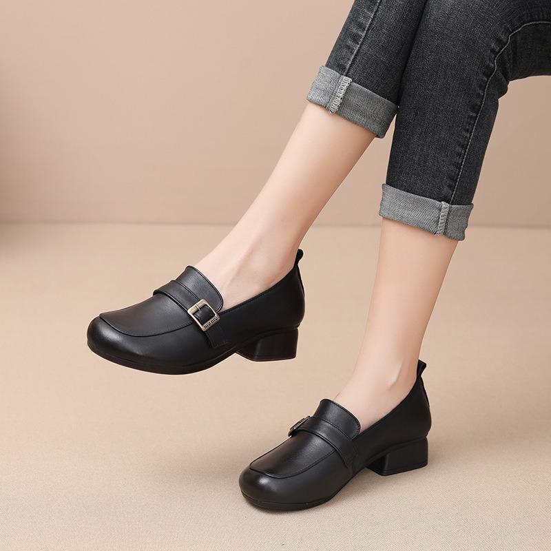 Deep mouth small leather shoes round head thick heel soft sole single shoes first layer cowhide versatile women's shoes