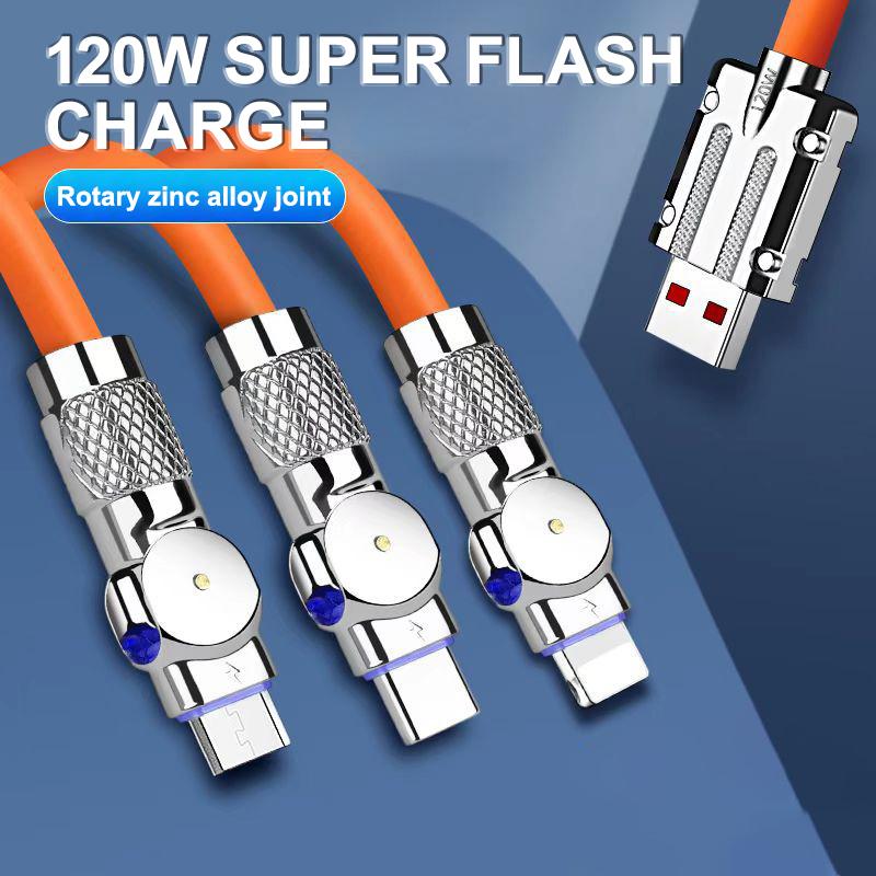 3 In 1 Elbow Fast Charge Cord 120W Micro USB Type-C Multiple USB Phone Cables Liquid Silicone For Xiaomi 13 Samsung IPhone 14 13
