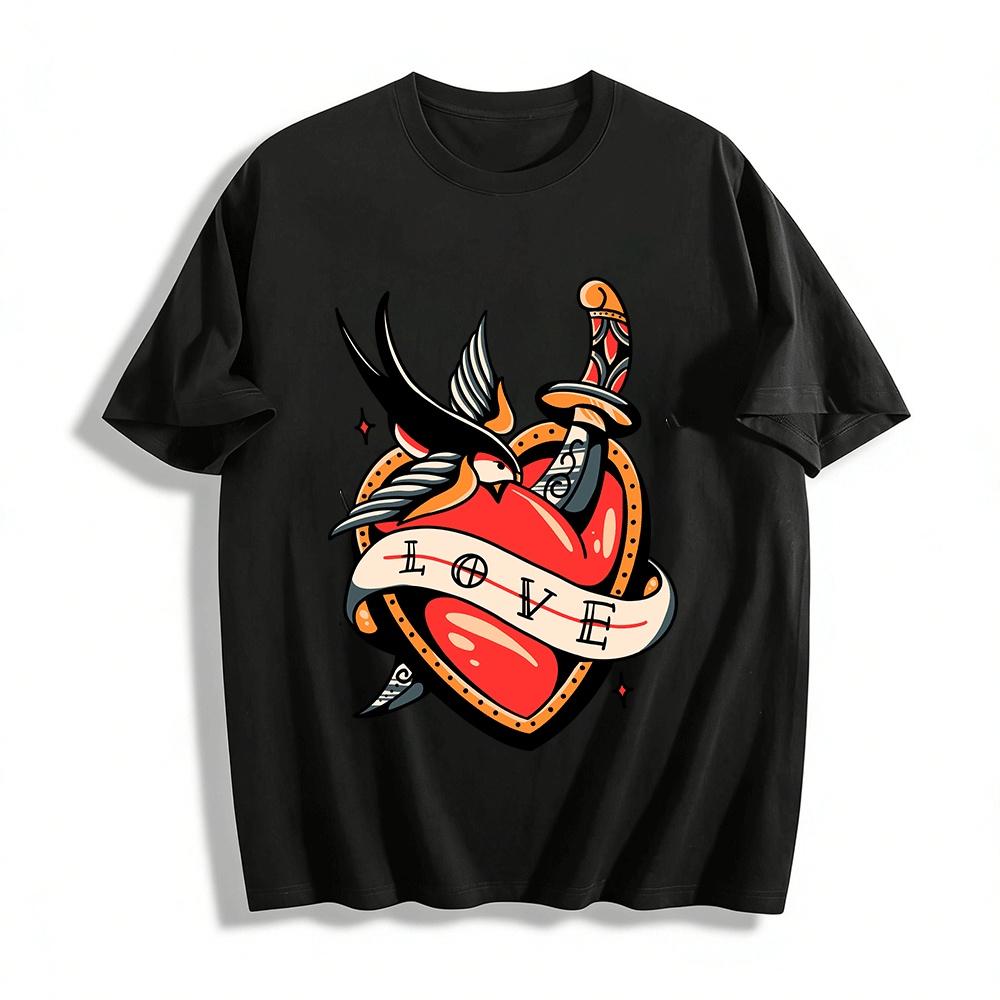

Vintage Dagger Heart Bird LOVE Print Tee Old School Tattoo Style Top Pure cotton T-shirt XXS