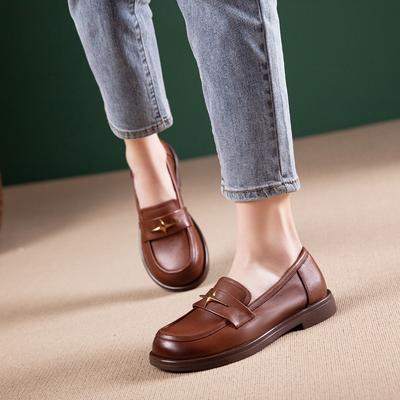 First Layer Cowhide Loafers Women's Spring New Soft Sole Soft Surface Shallow Mouth Beanie Shoes Casual Small Leather Shoes Women's Single Shoes