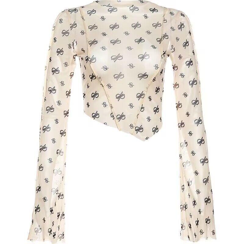 

Женская новая сексуальная прозрачная сетчатая футболка Spice Girls с длинными рукавами и принтом, расклешенный низ рукава L абрикосовый