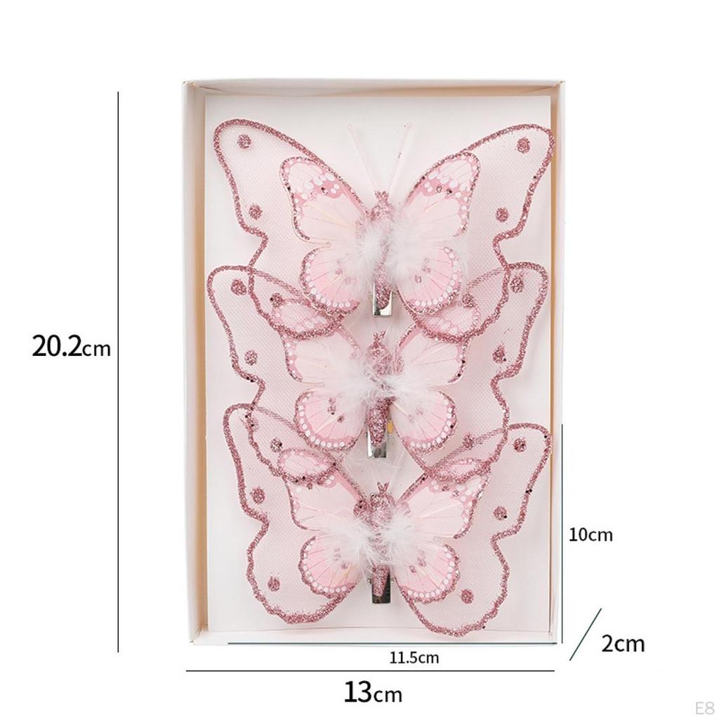 3Pcs Christmas Butterfly Decorations Ornament Decorative Centerpiece with Clip Glitter