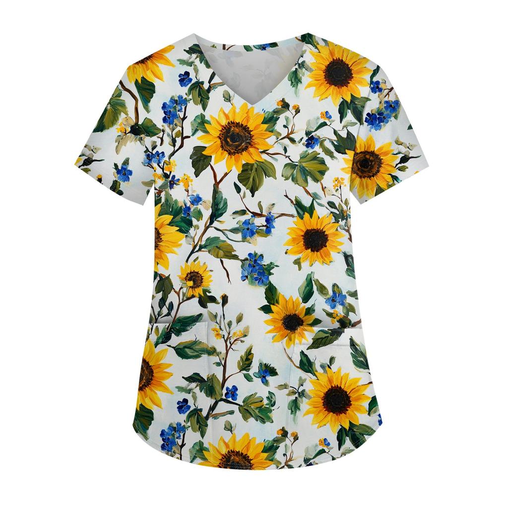 Women's Printed Uniform Work Uniform V-Neck Pocket Protective Work Uniform