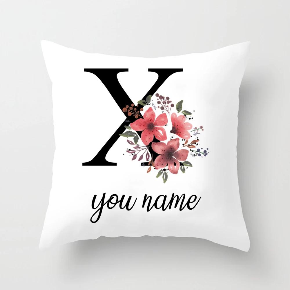 Personalized Name Flower Letter Pillow Case Alphabet Print White Square Pillow Case Dust Cover Bedroom Party Decoration