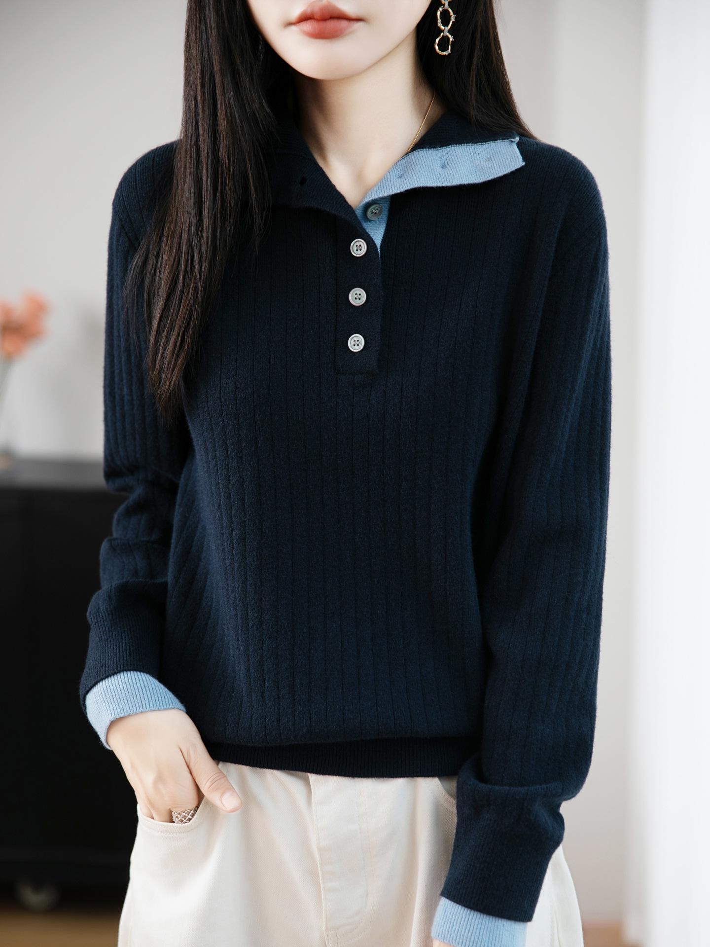 

Women s Color Block Knit Sweater: Faux Two-Piece, Half-Open Collar, Long Sleeve. Perfect for Fall/Winter. XL