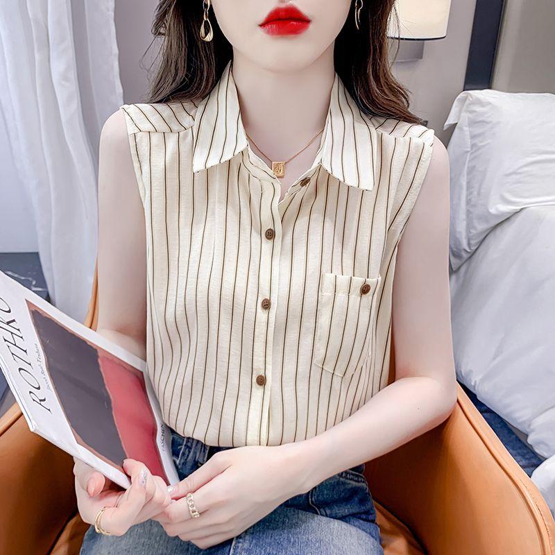 

Элегантная свободная полосатая блузка без рукавов с воротником поло, женская одежда, новая летняя повседневная рубашка на пуговицах 3XL абрикосовый