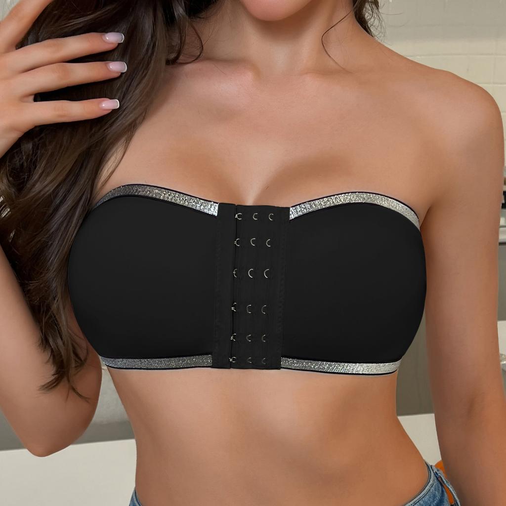 Zeriluna Ruffled Trim Wireless Bandeau Bra Summer Breathable Strapless Front-Closure Non-Slip Push-Up Beauty Back