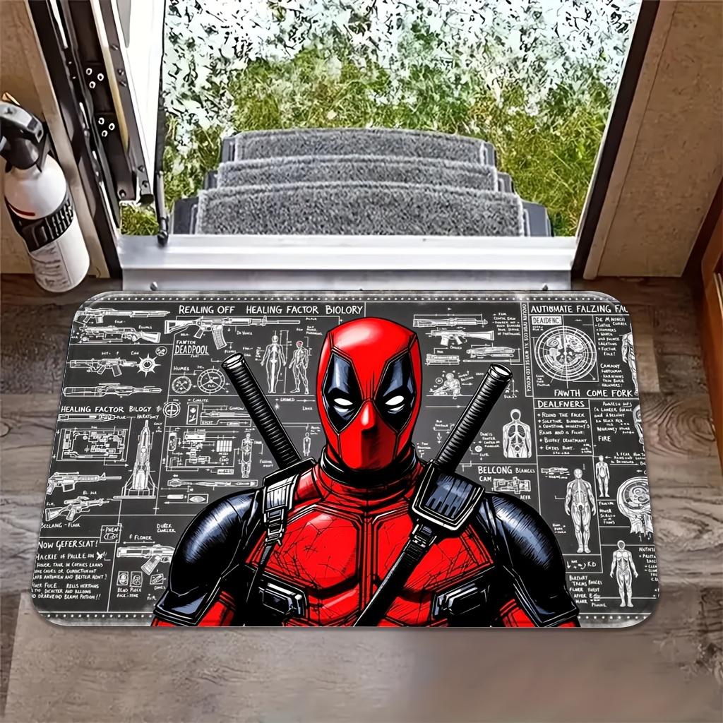 Authorized 1pc Cartoon Printed Rug, Deadpool Red Black Battle Suit Holding Dual Knives Mechanical Drawing Background Pattern E