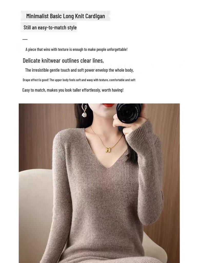 Hengyuanxiang Women's V-Neck Cashmere Sweater Dress - Mid-Length, Long Sleeve, Knitted