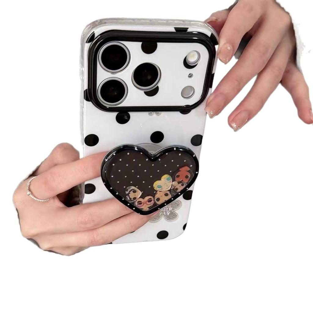 Black and white polka dots cute cartoon bracket ins15 for iPhone17promax Apple 16 Pro mobile phone case 15