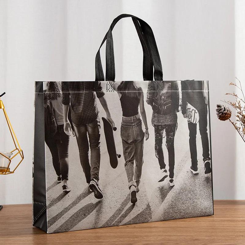 10PCS Rose Printing Packaging Shopping Bag Handle Waterproof Non Woven Fabric Gift Bags Black Clothing Store HandBag