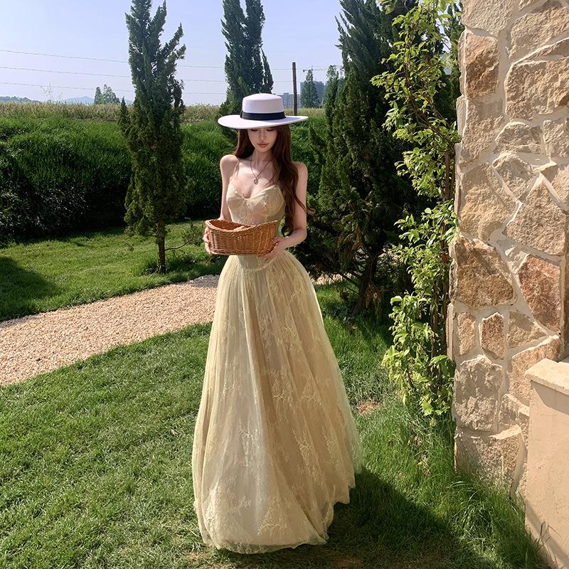 Heavy industry French lace jacquard mesh waist suspender long dress pleated large skirt seaside vacation dress