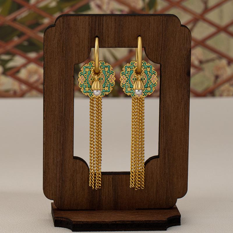 Elegante chinesische Quasten- & Perlenohrringe mit Glasur-Blumendesign für Damen