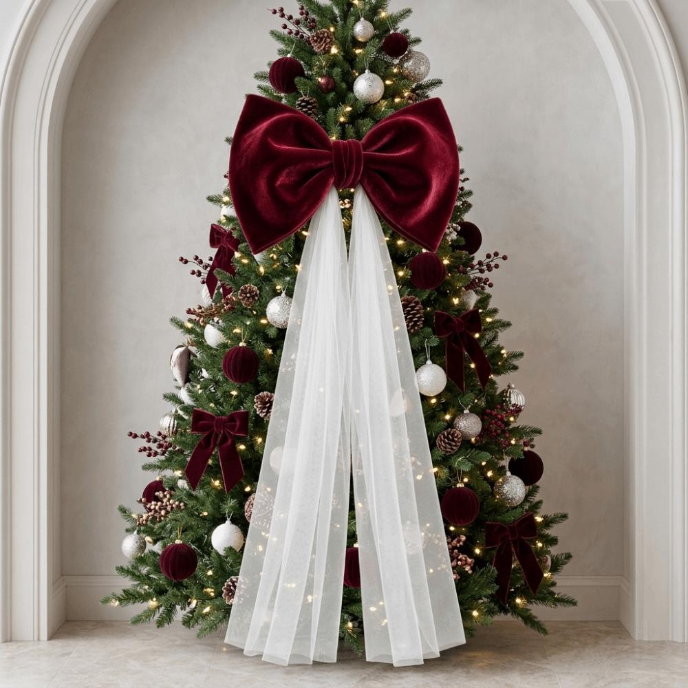 Mesh Tulle Large Velvet Christmas Bow Ornaments Tree Bow with Long Tails Wedding