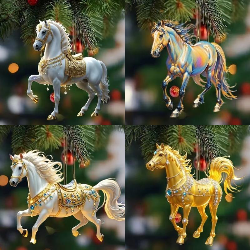 2D Acrylic Horse Car Rearview Mirror Pendant Charm Christmas Tree Backpack Hanging Ornament Party New Year Decoration Hanging