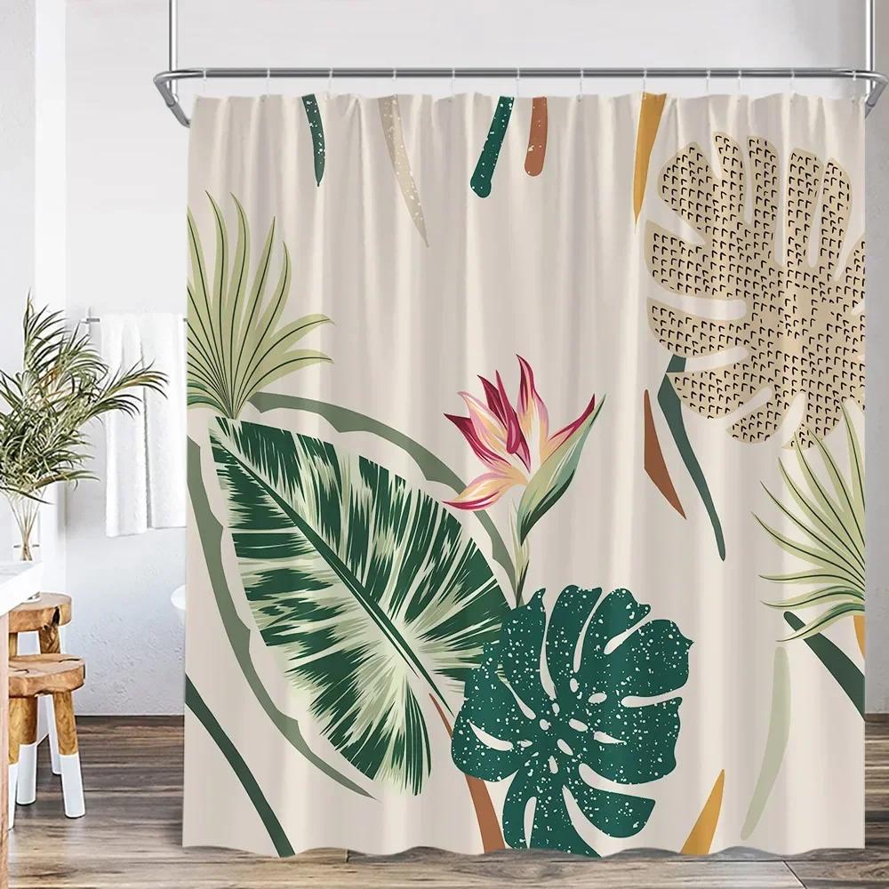 Vintage Abstract Shower Curtain Green Leaf Geometric Nordic Modern Bathtub Decorative Simple Polyester Shower Curtain with Hook