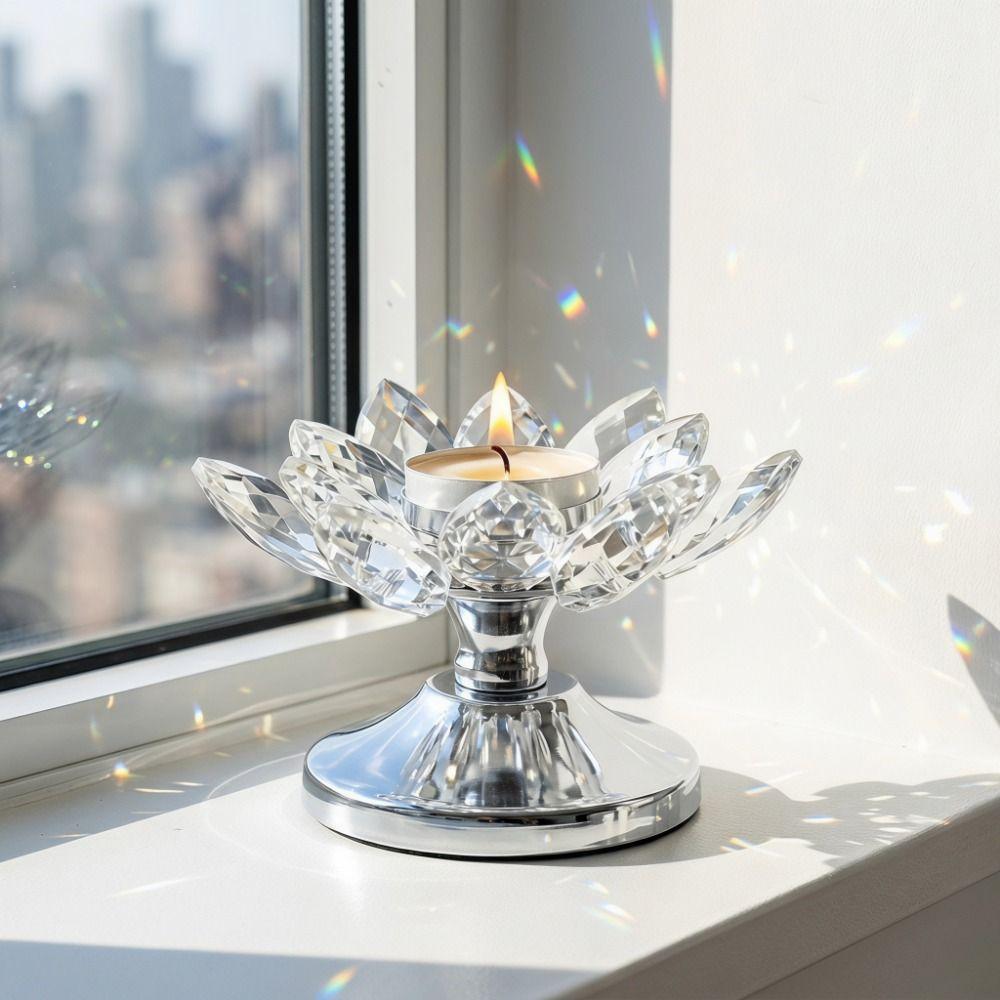 Metal Base Lotus Candle Holder Non-slip Clear Flower Candles Stand Crystal Lotus Candlestick  Party