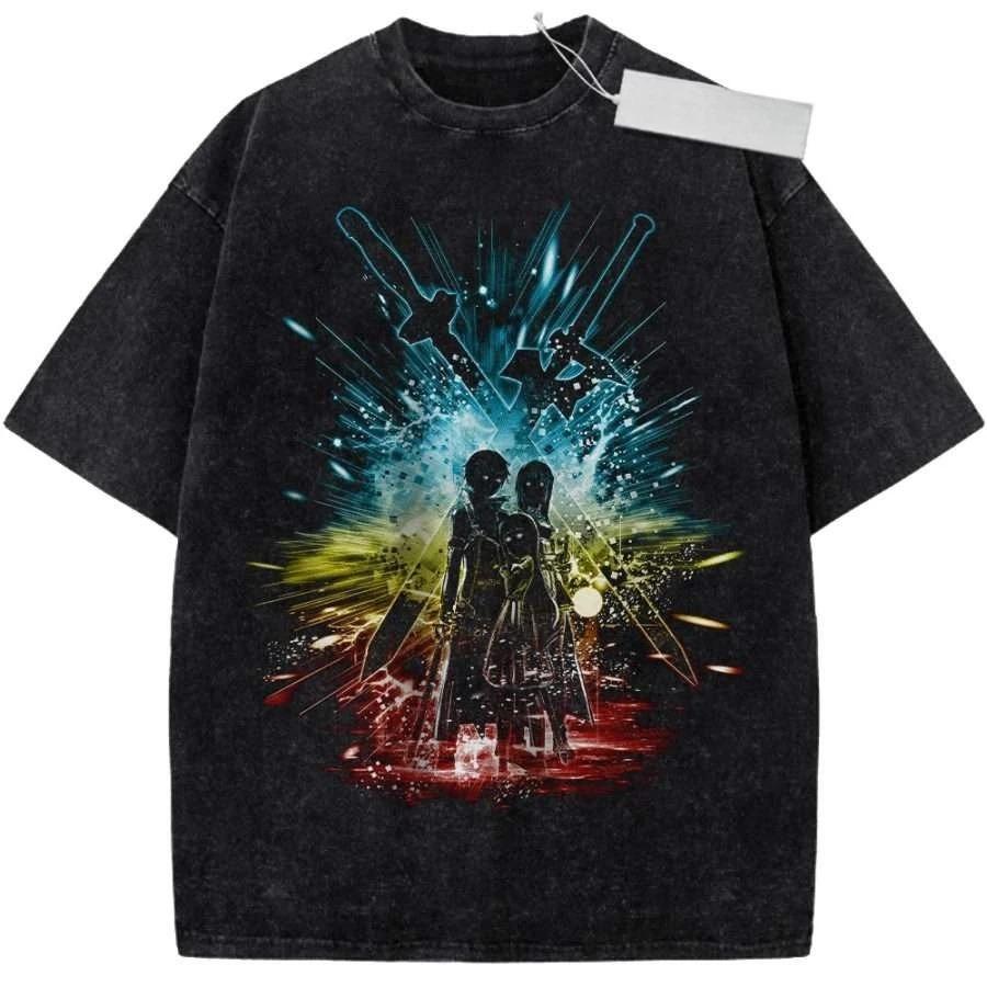 

Sword Art Online Kirito & Asuna Dual Silhouette Vintage Washed Anime T-Shirt SAO Oversized Black Unisex Streetwear T-shirt XXXL
