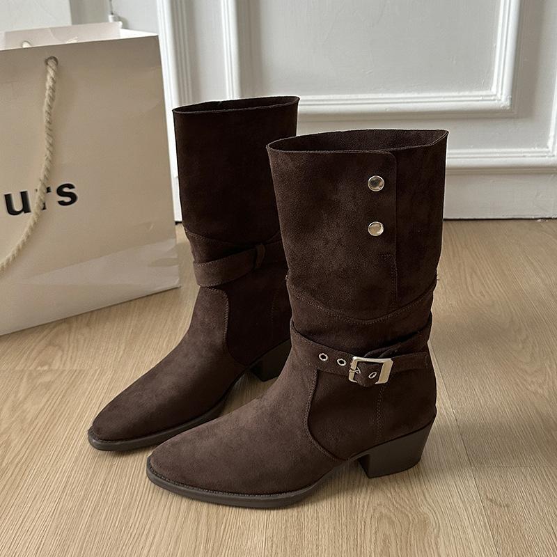 Retro belt buckle pointed middle boots thick heel autumn and winter fashion thick sole, thin and high casual western cowboy boots