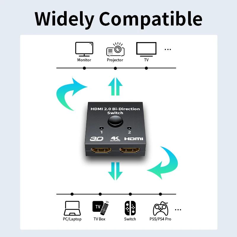 4K HDMI-Compatible Switch 2 Ports Bi-directional 1x2 / 2x1 HDMI-Compatible Switcher Splitter Supports Ultra HD 4K 1080P 3D HDR