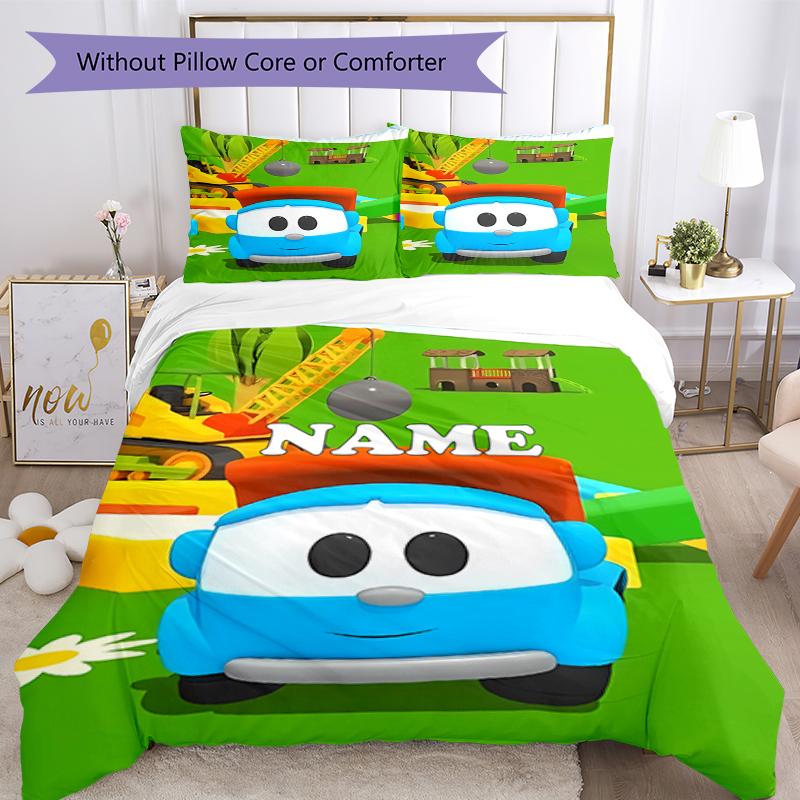 3pcs Custom Name Cute Cars Bedding Set Duvet Cover Closure Includes 1 Duvet Cover & 2 Pillowcases, Soft and Comfortable for All Seasons.