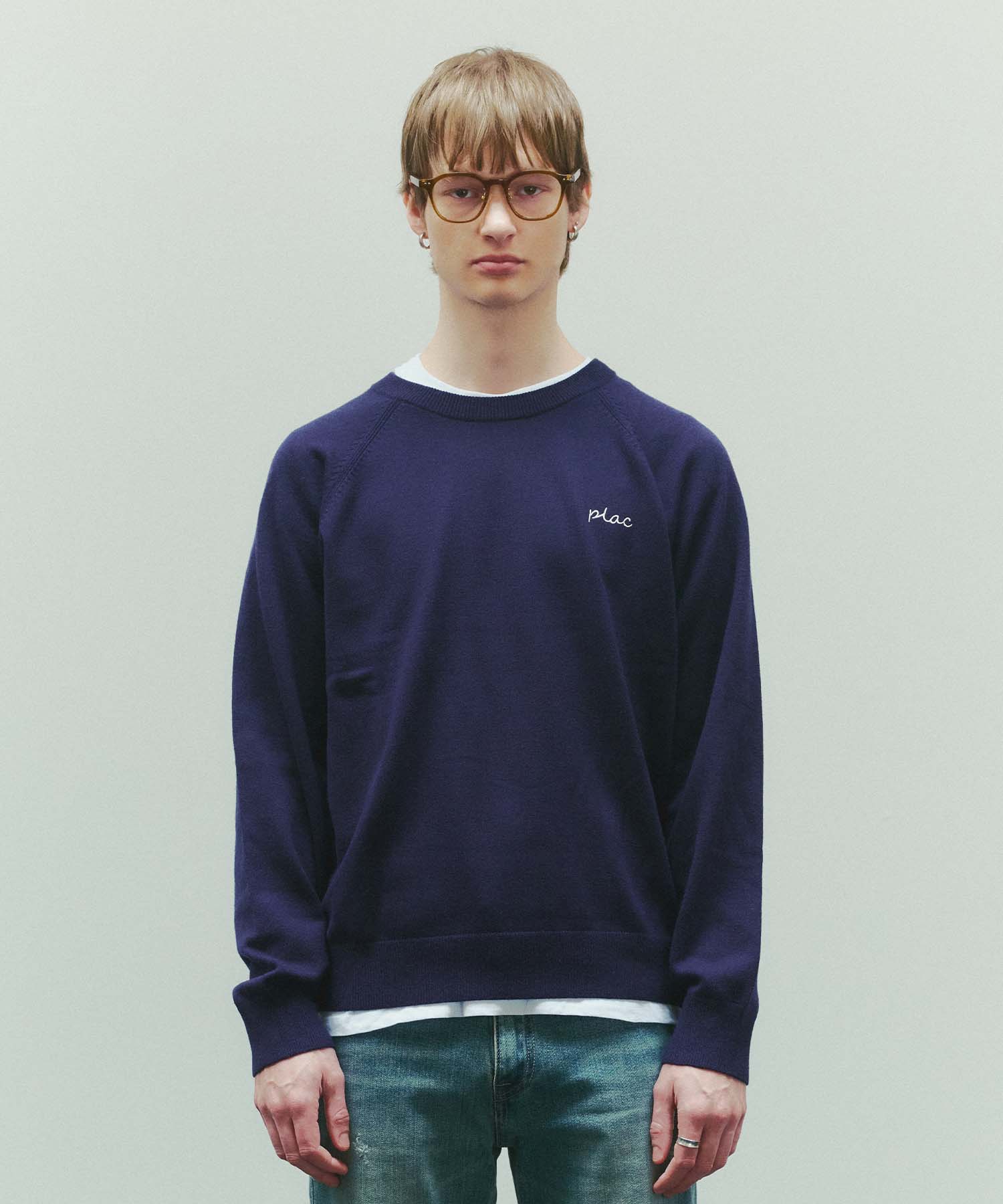 Plack Raglan Line Jacquard Logo Pullover Knit Navy L/Free