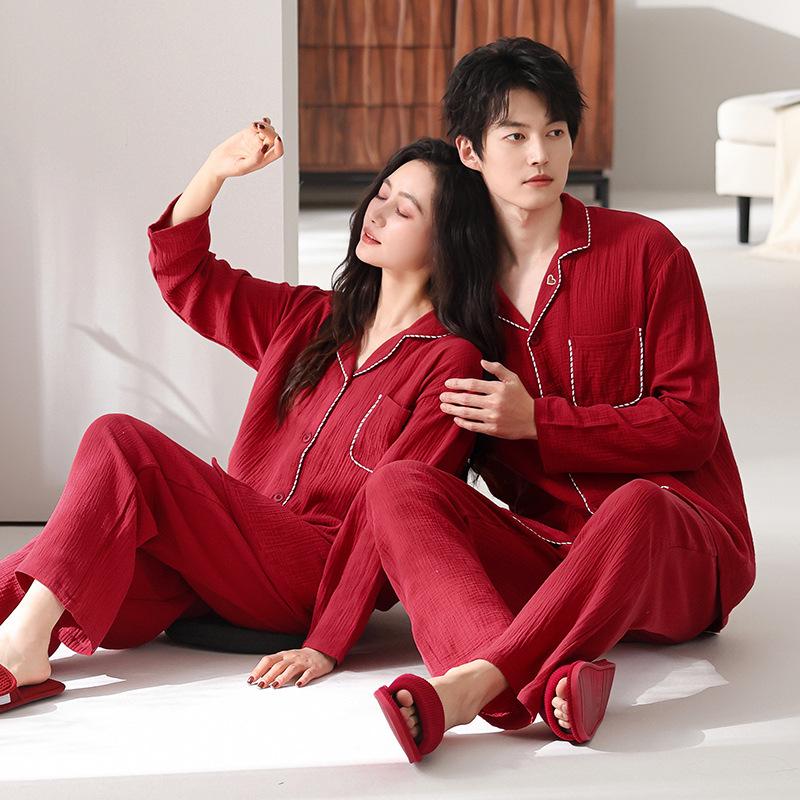 Double-layer cotton yarn baby pure cotton red pajamas couple men and women's pajamas wedding newlywed couple set cotton and linen