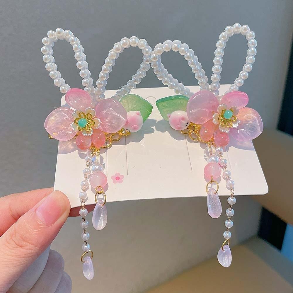 1 Pair Double Clip Hanfu Hair Clips Vibrant Color Floral Tassel Pearl Bunny Hair Clips Secure Grip Delicate Craft Fairy Hairpins