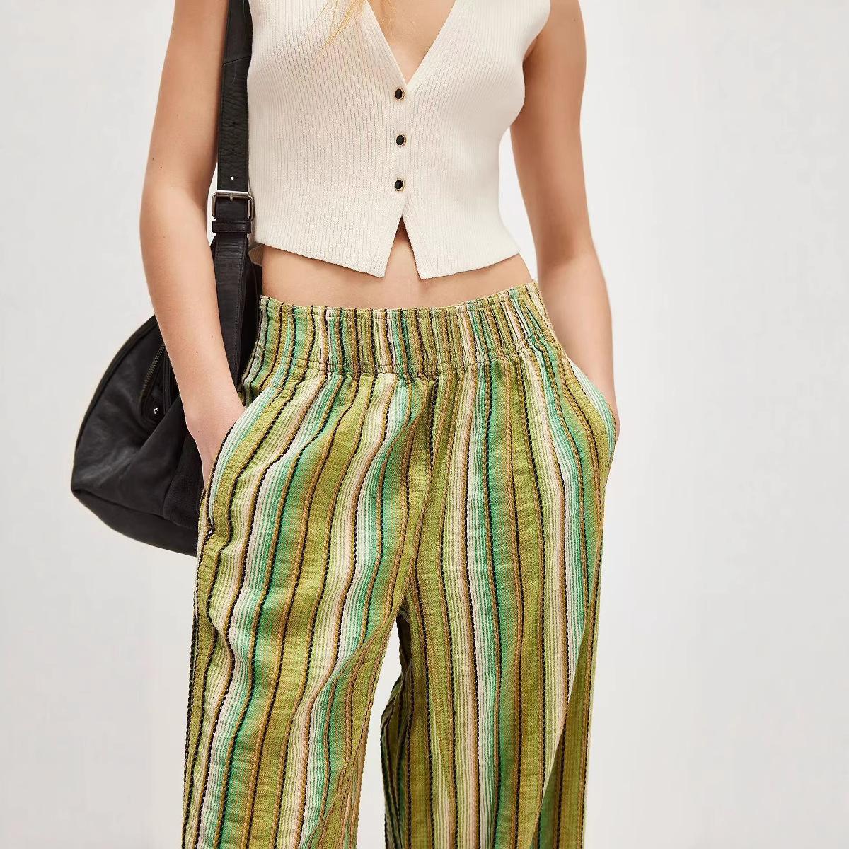 Women Green Stripe Elastic Waist Wide Leg Pants with Contrast Hem S зелёный