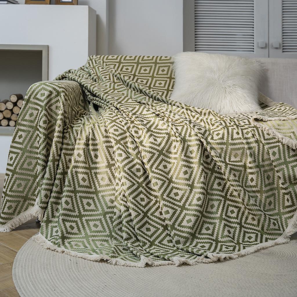 Sofa Towel Multifunctional Cover Green Geometric Jacquard Thick Retro Sofa Cover Blanket