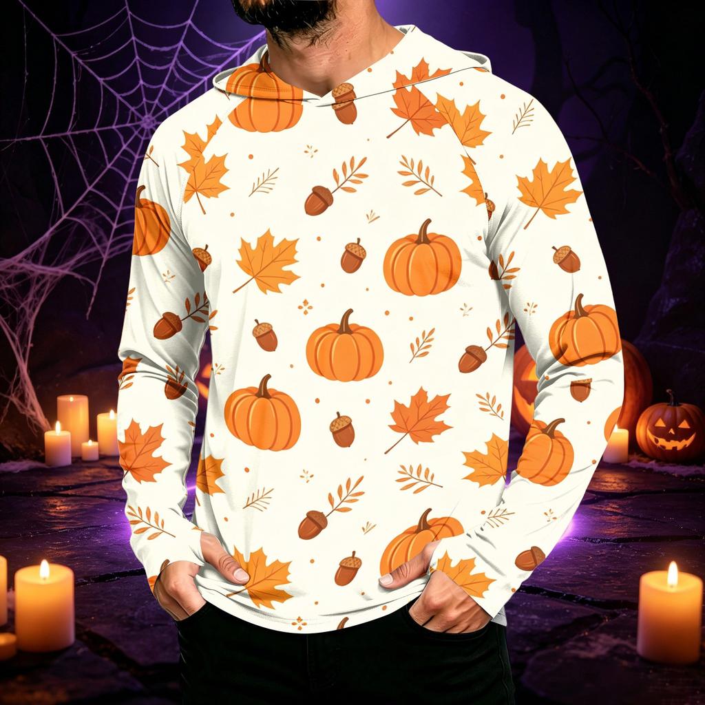 Men's Long Sleeve Sun Hoodie with Halloween Print for Outdoor Activities