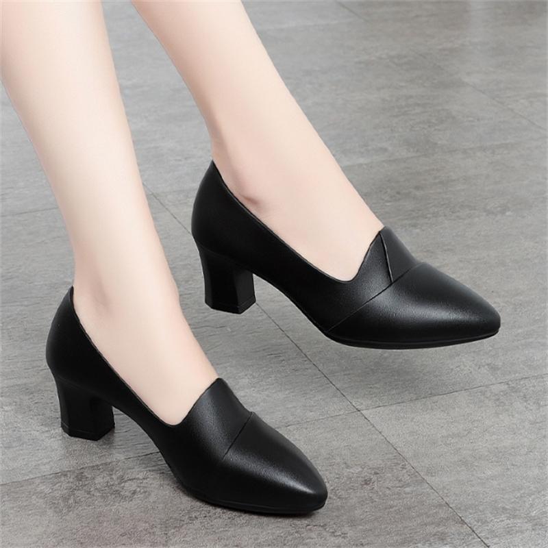 New Women Pumps Pu Leather Work Shoes Chunky High Heels Women Pointed Toe Pumps Casual Slip on Solid Heels Women Shoes