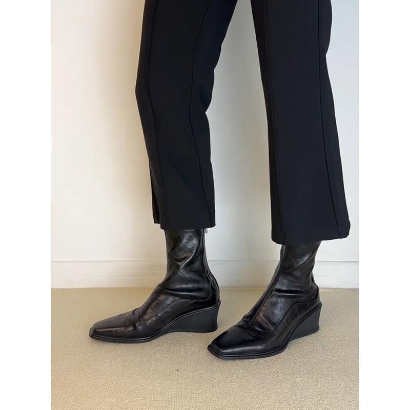 Cowhide version~ British style square head leather elastic thin boots women's slope heel heel heightening soft leather black rear zipper short boots