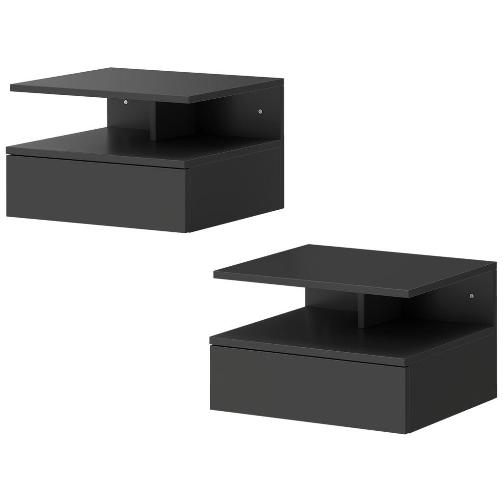 Set of 2 Wall-Mounted Nightstands, Drawer and Open Shelf, 35x32x22.5 cm, Black