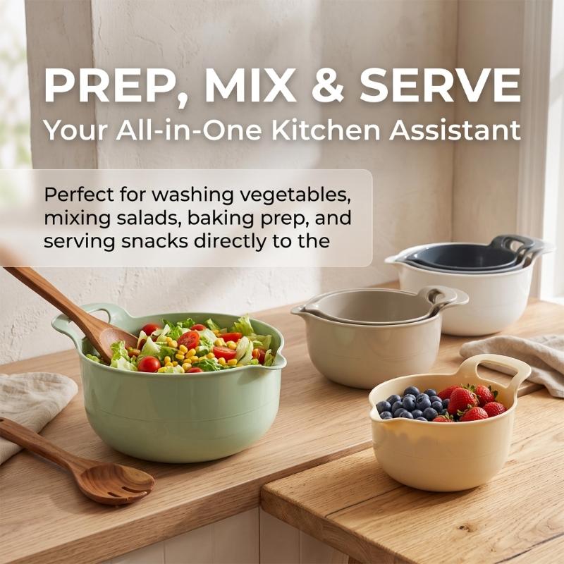 Plastic Mixing Bowl Collection, 4 Piece Salad and Batter Bowls with Hand Holds, Pour Lip, and Cupboard Storage