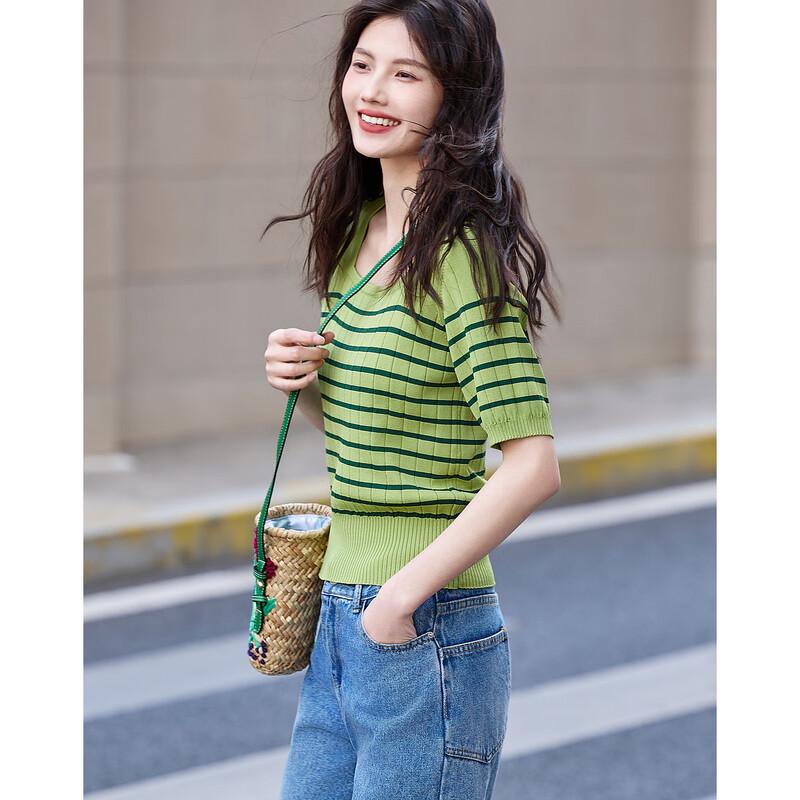 Demana French Style Striped Short Sleeve Knit Top