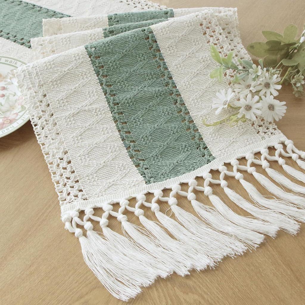 Nordic Light Luxury Cotton Linen Color Block Tassel Table Runner