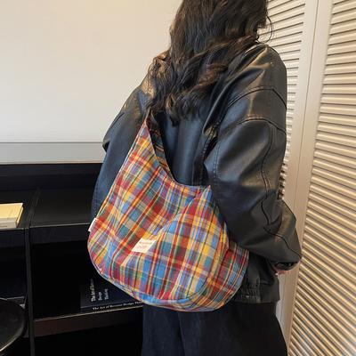 Vintage Karomuster Handtasche Leichtgewichtige Große Kapazität Pendler Umhängetasche