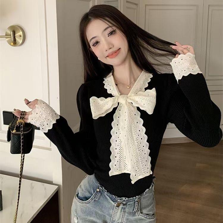 French Ribbed Lace Trim Slimming Top: Chic Autumn/Winter Base Shirt