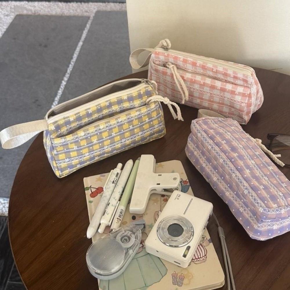 Large Capacity Stationery Pouch Plaid Pattern Pen Bag Stylish Plaid Pencil Case  Makeup Storage