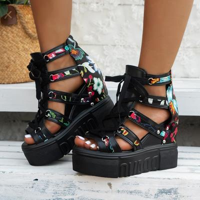 Fashion Shoes for Women 2024 New Roman Sandals Ladies High Heeled Lace-Up Muffin Wedges Fishbeak Ladies Back Zipper Soles