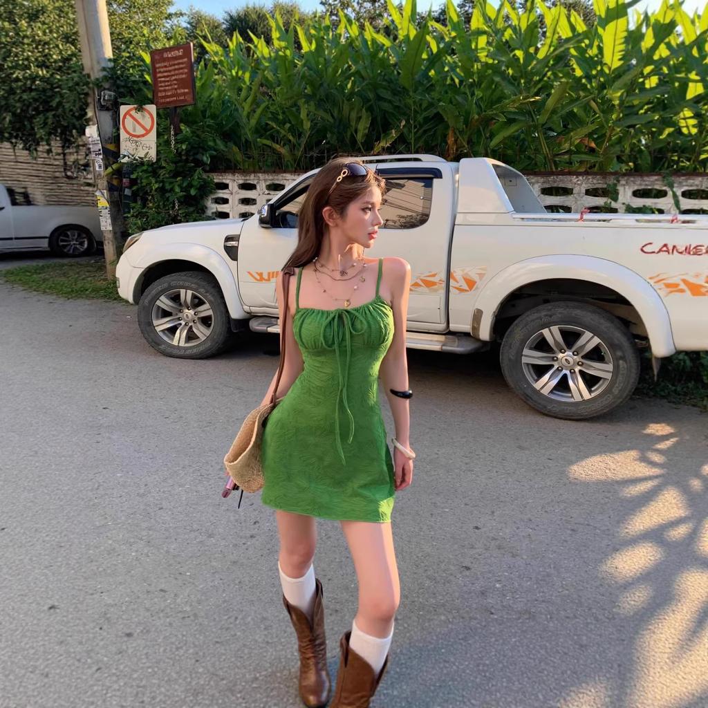 Island vacation wear French retro texture green lace-up jacquard suspender tube top dress short skirt women's summer