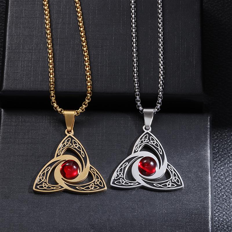 Statement Fashion Irish Celtic Knot Gemstone Pendant Stainless Steel Witchcraft Witch Knot Necklace for Men Women Amulets