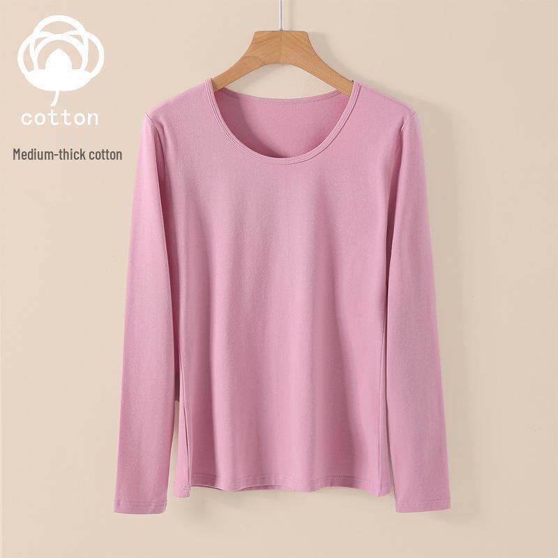 Women's Pure Cotton Long Sleeve Knit Top - Medium Thickness, Warm Autumn/Winter Base Layer, Thermal Cotton Wool Sweater