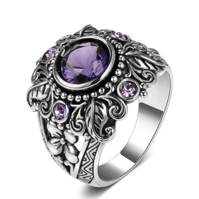 Vintage runder künstlicher Amethyst mit Intarsien, geschnitzte Blume, Damen-Fingerring, Schmuck, Geschenk