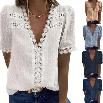 Women Fashion Lace Short Sleeve Casual T-shirt V-neck Solid Color Top