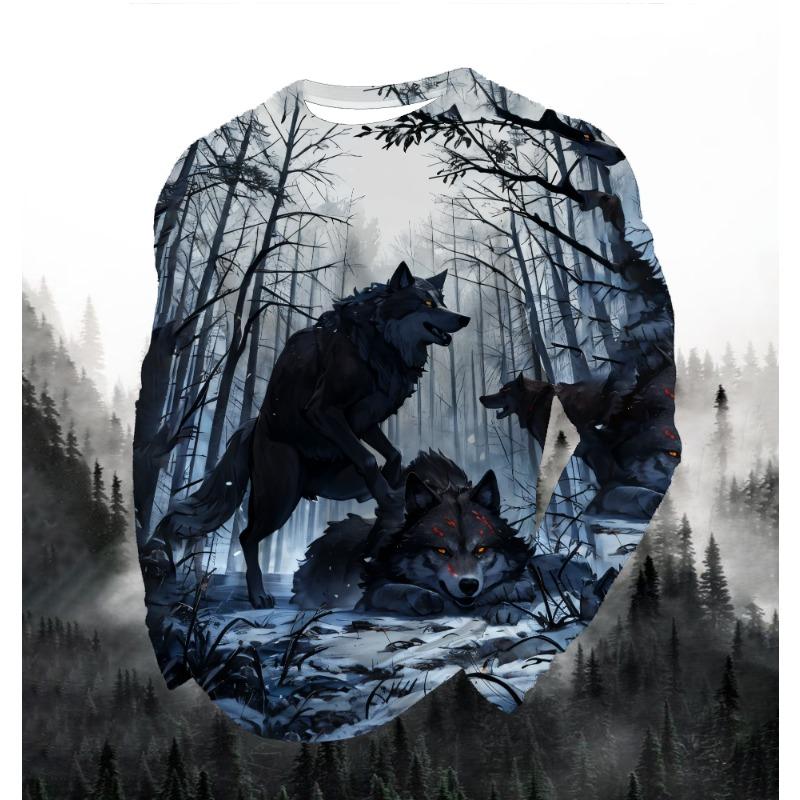 2024 Men's Fashion Print Round Neck Long Sleeve Party Autumn Sports Casual Pullover Men 3d Lonely Wolf Blue Print Tops