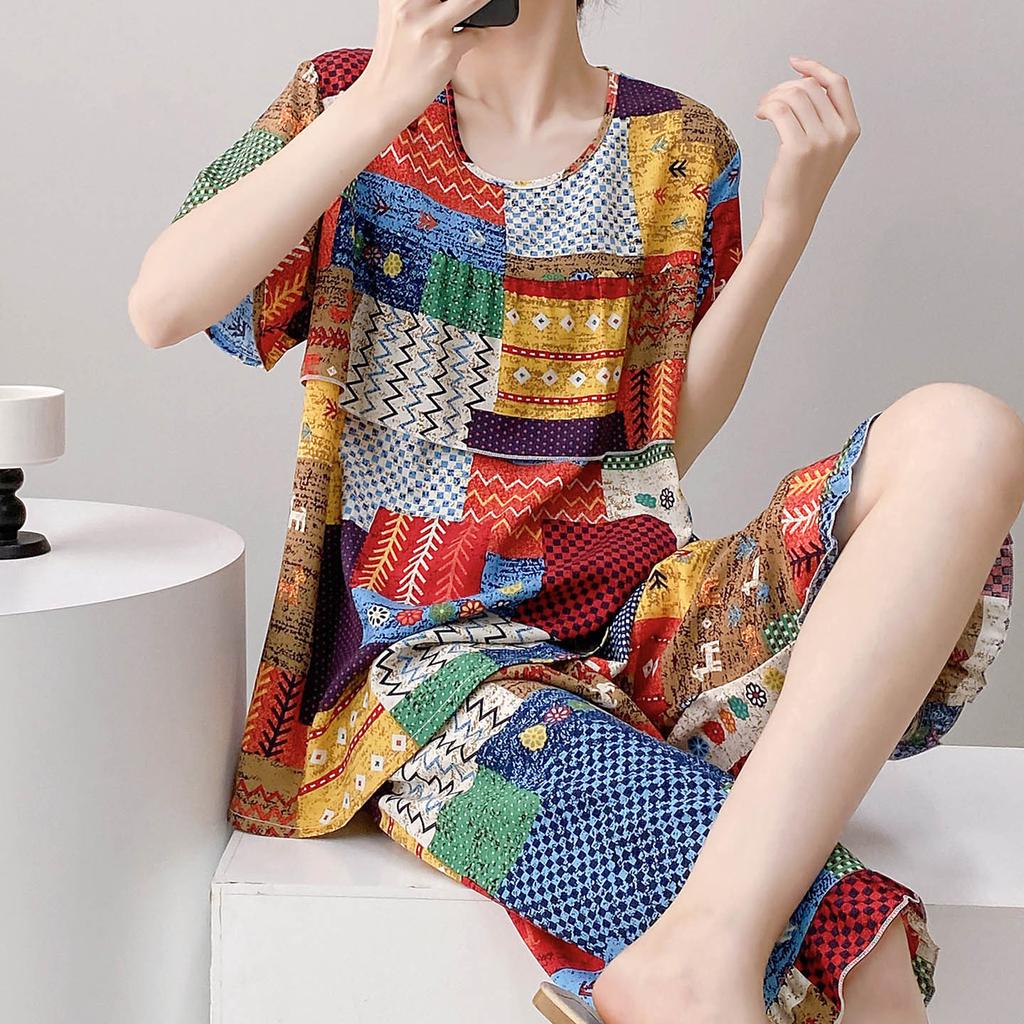 1011 New anti-bump cotton and silk pajamas women's summer ultra-thin short-sleeved trousers cotton and silk set large-size loungewear
