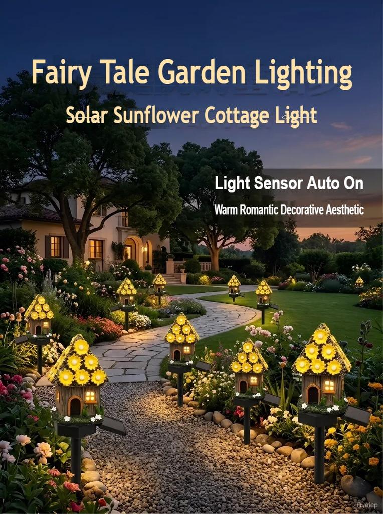 Solar Resin Garden Stake Lights Mushroom House Shaped Outdoor Waterproof Landscape Decorative Lawn Lamps for Yard Pathway